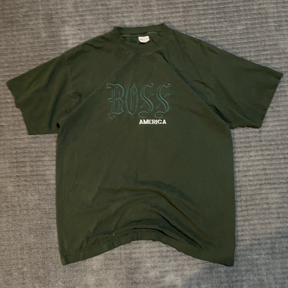 Vintage 90s Y2K BOSS AMERICA Green Logo T Shirt Size XL Single Stitch Sleeve